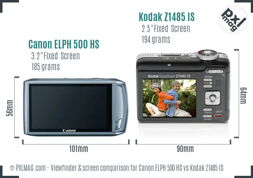 Canon ELPH 500 HS vs Kodak Z1485 IS Screen and Viewfinder comparison