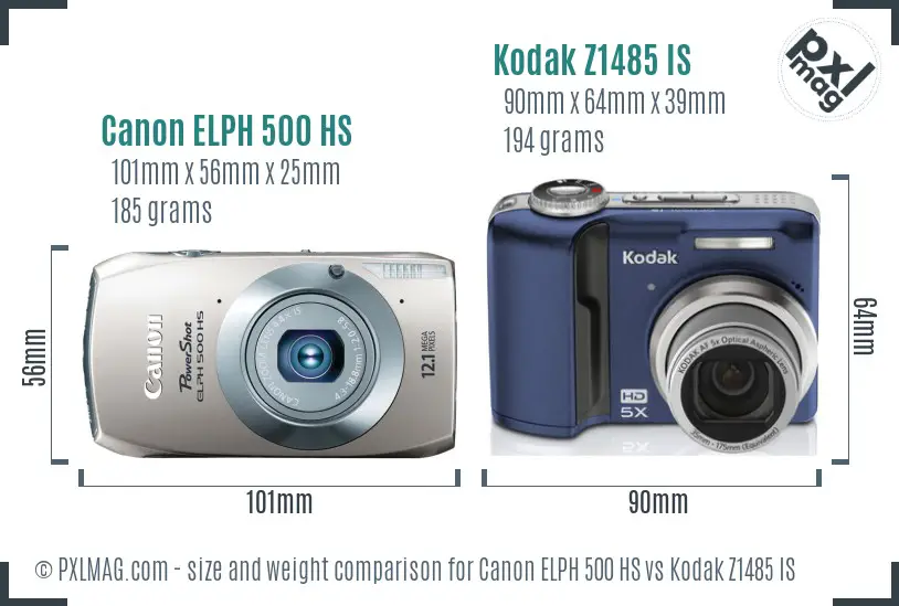 Canon ELPH 500 HS vs Kodak Z1485 IS size comparison