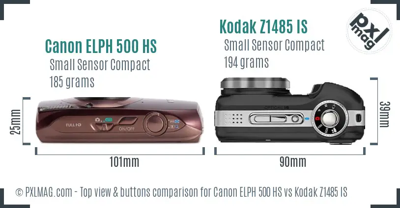Canon ELPH 500 HS vs Kodak Z1485 IS top view buttons comparison
