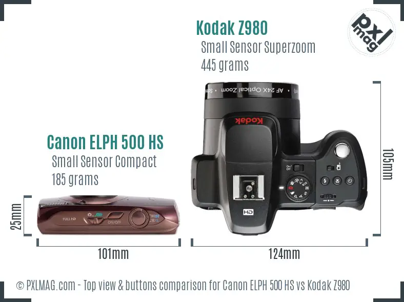 Canon ELPH 500 HS vs Kodak Z980 top view buttons comparison Canon ELPH 500 HS vs Kodak Z980 top view buttons comparison