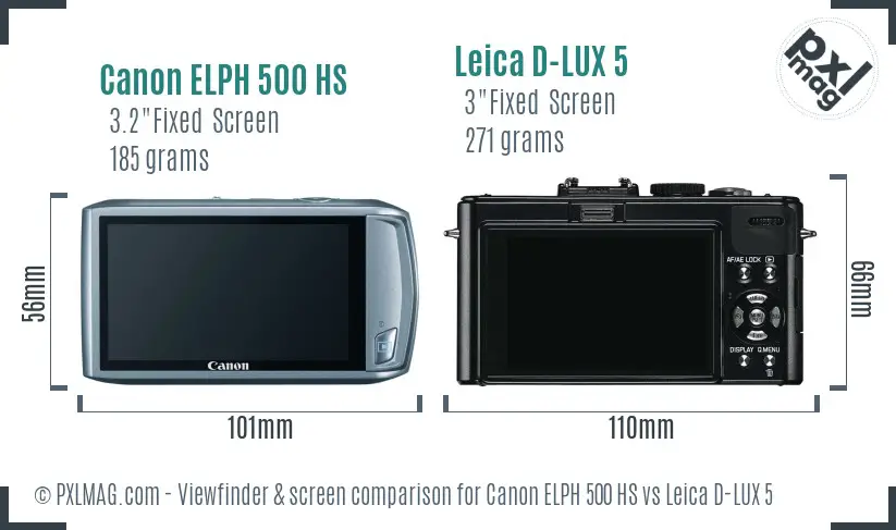 Canon ELPH 500 HS vs Leica D-LUX 5 Screen and Viewfinder comparison