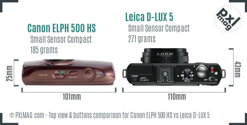 Canon ELPH 500 HS vs Leica D-LUX 5 top view buttons comparison