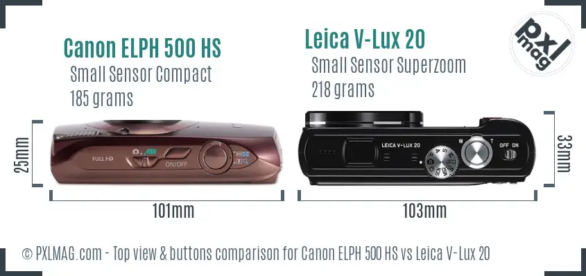 Canon ELPH 500 HS vs Leica V-Lux 20 top view buttons comparison Canon ELPH 500 HS vs Leica V-Lux 20 top view buttons comparison