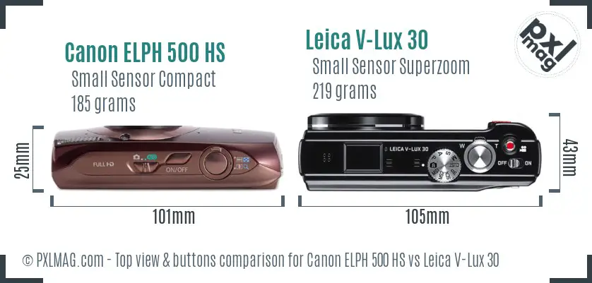 Canon ELPH 500 HS vs Leica V-Lux 30 top view buttons comparison