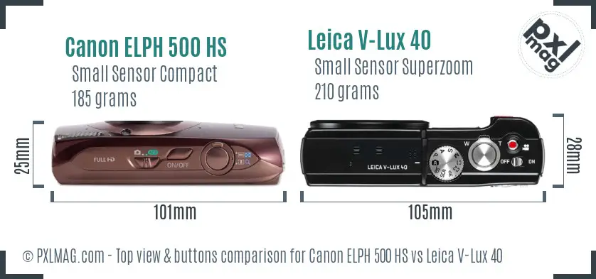 Canon ELPH 500 HS vs Leica V-Lux 40 top view buttons comparison