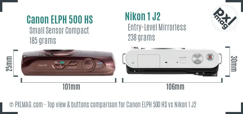 Canon ELPH 500 HS vs Nikon 1 J2 top view buttons comparison