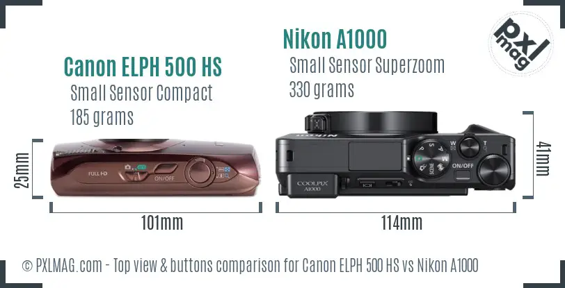 Canon ELPH 500 HS vs Nikon A1000 top view buttons comparison Canon ELPH 500 HS vs Nikon A1000 top view buttons comparison