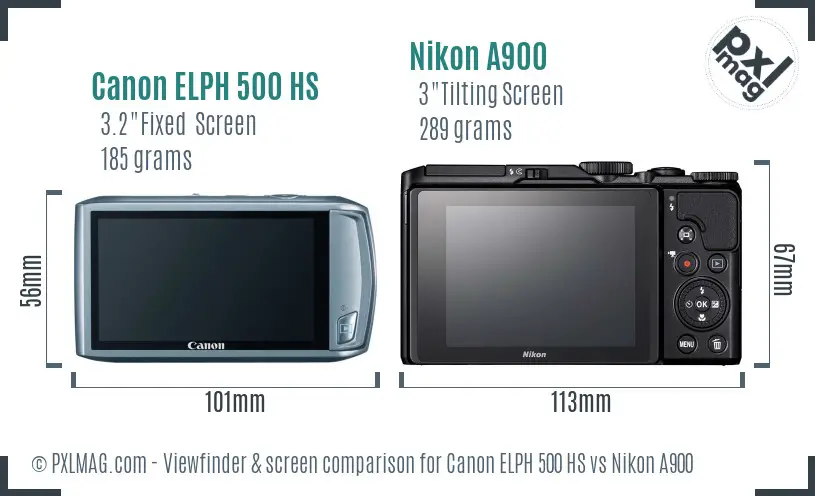 Canon ELPH 500 HS vs Nikon A900 Screen and Viewfinder comparison