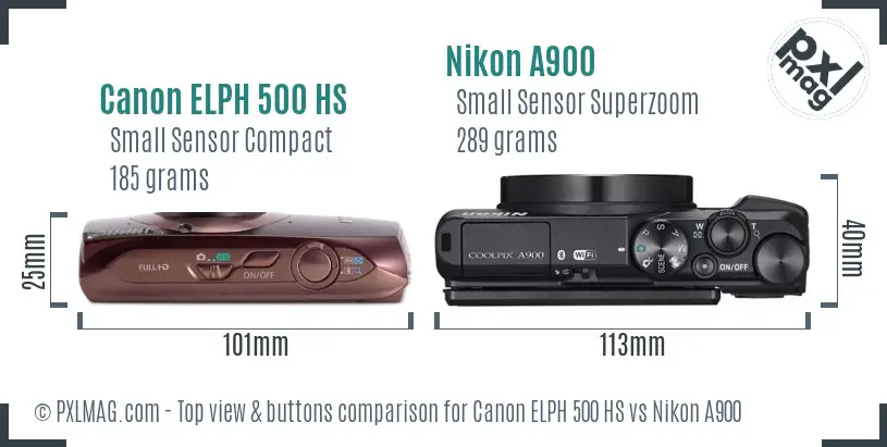 Canon ELPH 500 HS vs Nikon A900 top view buttons comparison