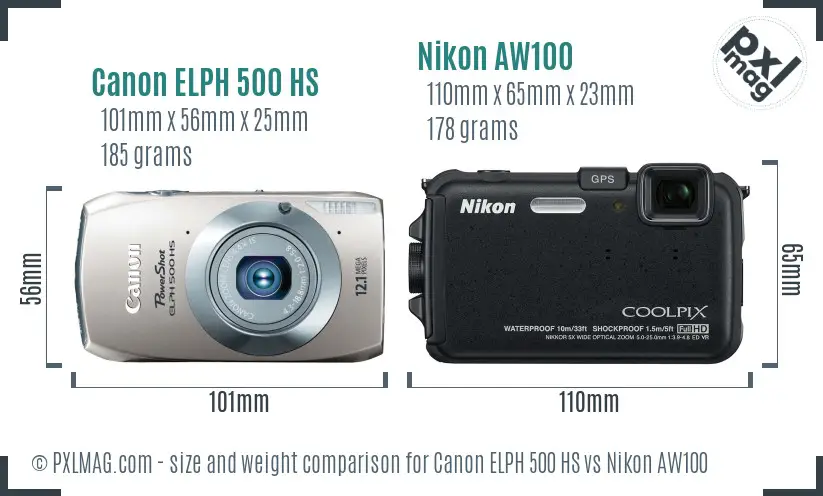 Canon ELPH 500 HS vs Nikon AW100 size comparison