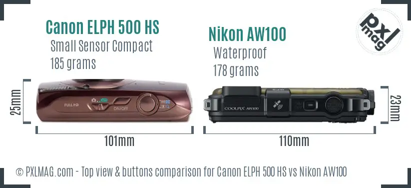 Canon ELPH 500 HS vs Nikon AW100 top view buttons comparison