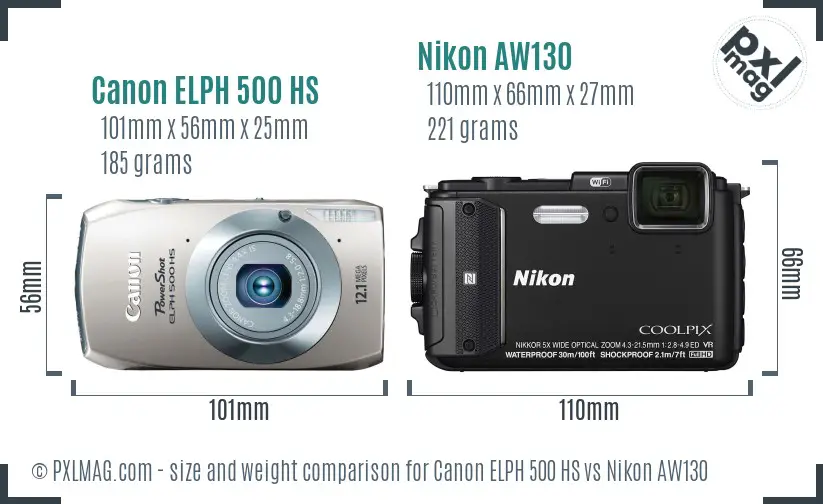 Canon ELPH 500 HS vs Nikon AW130 size comparison Canon ELPH 500 HS vs Nikon AW130 size comparison