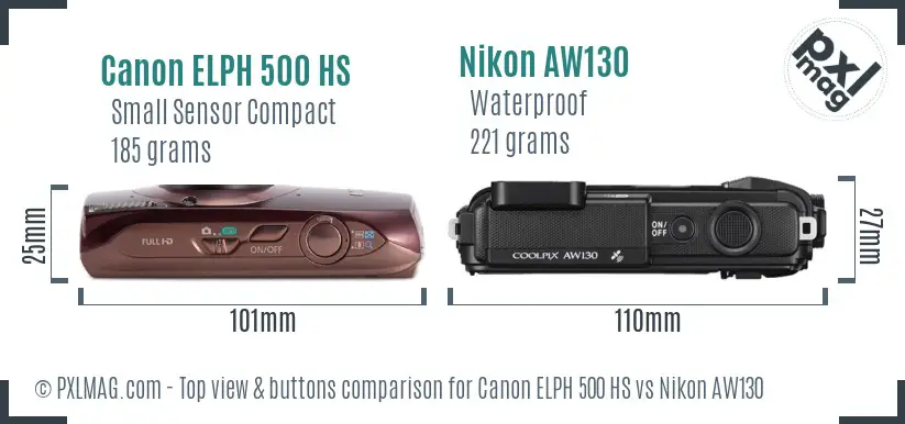 Canon ELPH 500 HS vs Nikon AW130 top view buttons comparison Canon ELPH 500 HS vs Nikon AW130 top view buttons comparison