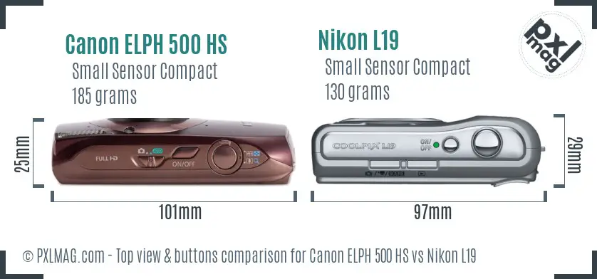 Canon ELPH 500 HS vs Nikon L19 top view buttons comparison Canon ELPH 500 HS vs Nikon L19 top view buttons comparison