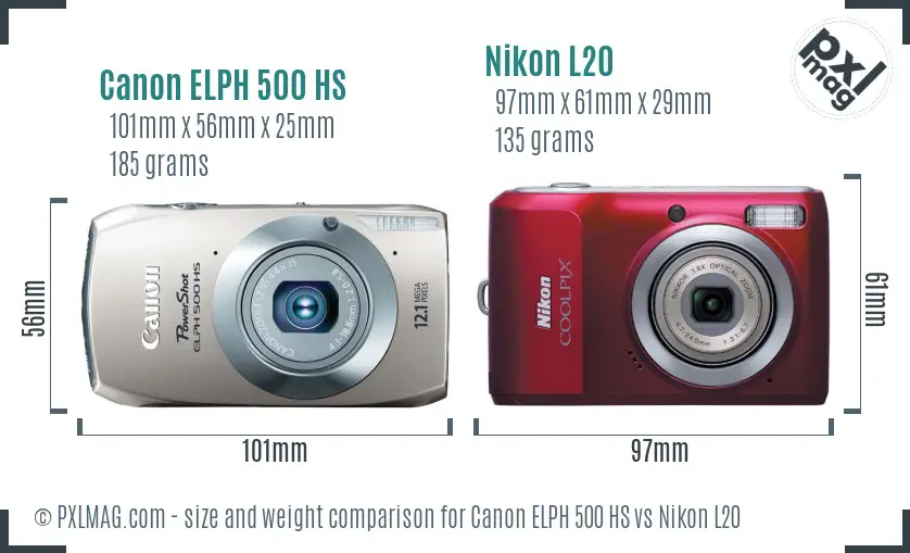 Canon ELPH 500 HS vs Nikon L20 size comparison