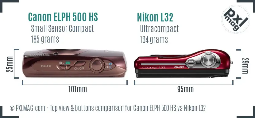 Canon ELPH 500 HS vs Nikon L32 top view buttons comparison