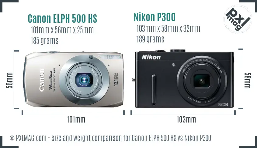 Canon ELPH 500 HS vs Nikon P300 size comparison