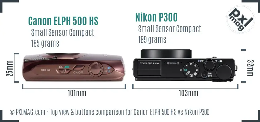 Canon ELPH 500 HS vs Nikon P300 top view buttons comparison