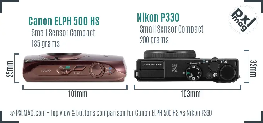 Canon ELPH 500 HS vs Nikon P330 top view buttons comparison