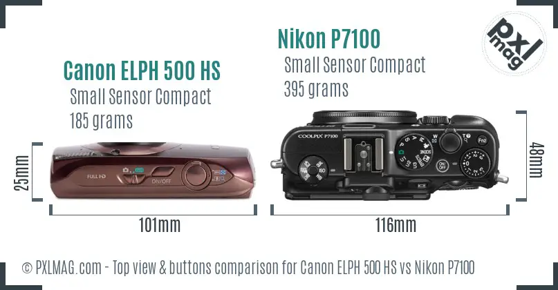 Canon ELPH 500 HS vs Nikon P7100 top view buttons comparison