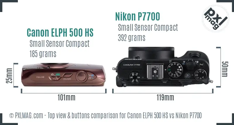 Canon ELPH 500 HS vs Nikon P7700 top view buttons comparison