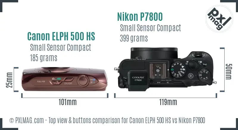 Canon ELPH 500 HS vs Nikon P7800 top view buttons comparison