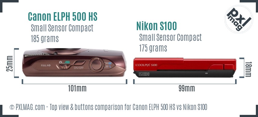 Canon ELPH 500 HS vs Nikon S100 top view buttons comparison