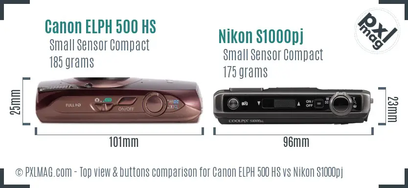 Canon ELPH 500 HS vs Nikon S1000pj top view buttons comparison