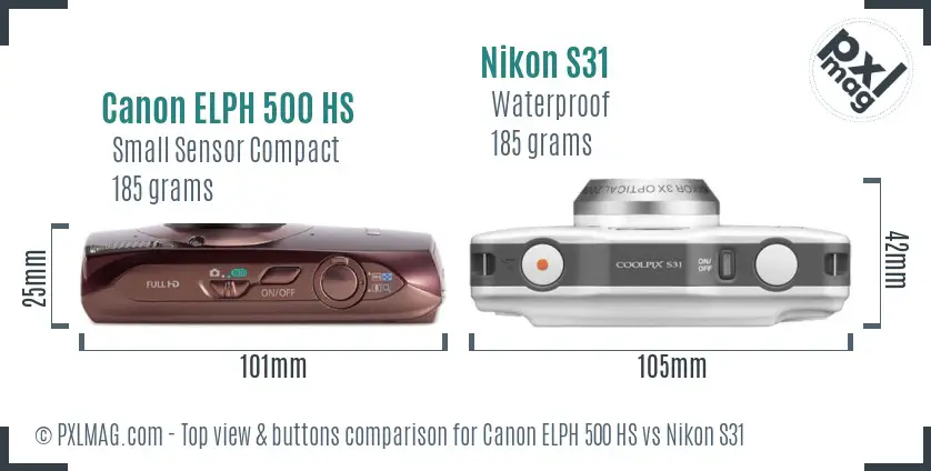 Canon ELPH 500 HS vs Nikon S31 top view buttons comparison Canon ELPH 500 HS vs Nikon S31 top view buttons comparison