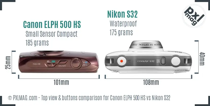 Canon ELPH 500 HS vs Nikon S32 top view buttons comparison Canon ELPH 500 HS vs Nikon S32 top view buttons comparison