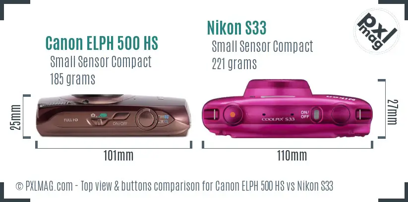 Canon ELPH 500 HS vs Nikon S33 top view buttons comparison