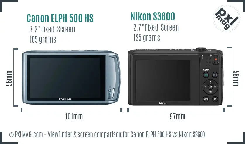 Canon ELPH 500 HS vs Nikon S3600 Screen and Viewfinder comparison Canon ELPH 500 HS vs Nikon S3600 Screen and Viewfinder comparison