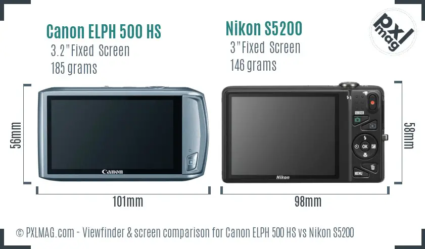 Canon ELPH 500 HS vs Nikon S5200 Screen and Viewfinder comparison