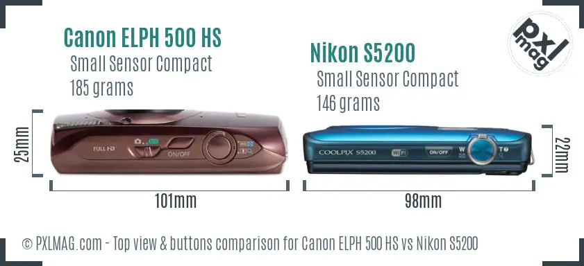 Canon ELPH 500 HS vs Nikon S5200 top view buttons comparison