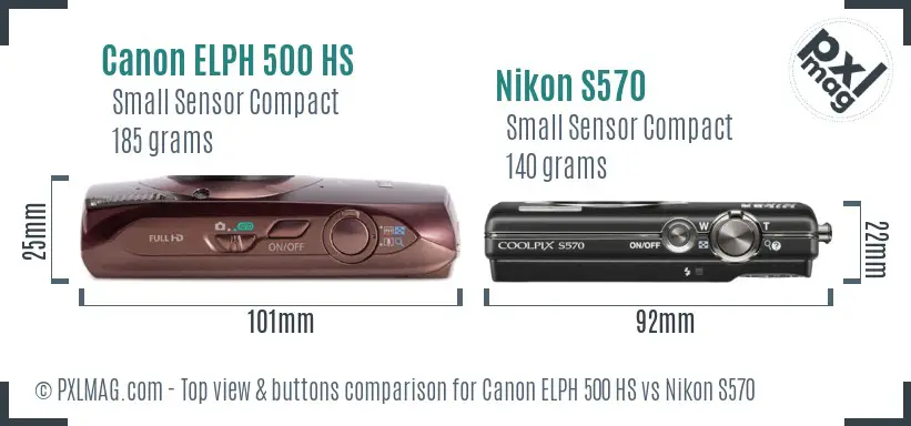 Canon ELPH 500 HS vs Nikon S570 top view buttons comparison