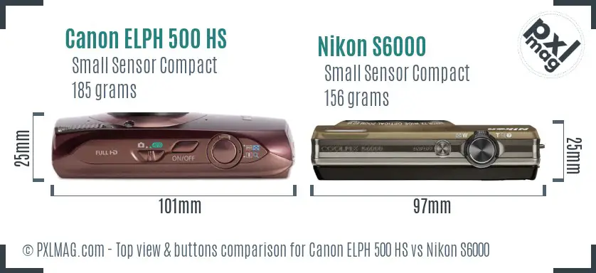 Canon ELPH 500 HS vs Nikon S6000 top view buttons comparison