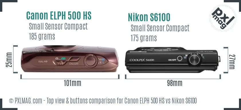 Canon ELPH 500 HS vs Nikon S6100 top view buttons comparison