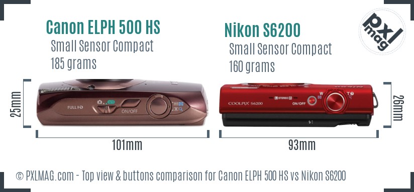 Canon ELPH 500 HS vs Nikon S6200 top view buttons comparison