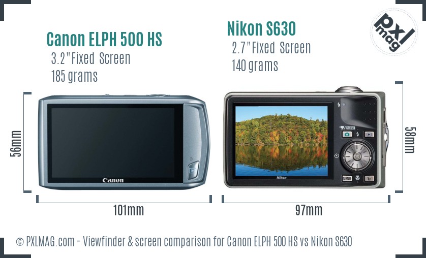 Canon ELPH 500 HS vs Nikon S630 Screen and Viewfinder comparison