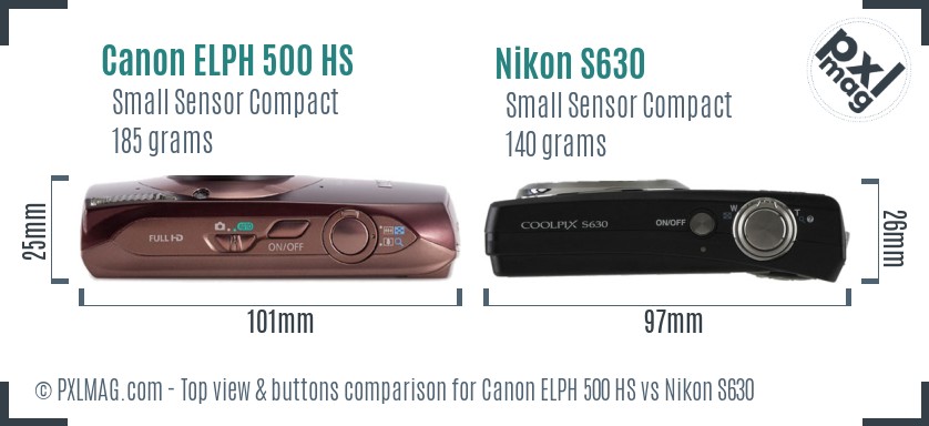Canon ELPH 500 HS vs Nikon S630 top view buttons comparison