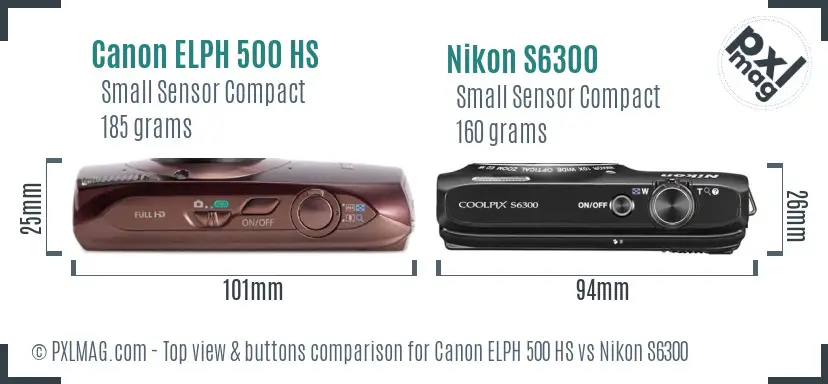 Canon ELPH 500 HS vs Nikon S6300 top view buttons comparison