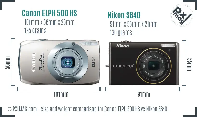 Canon ELPH 500 HS vs Nikon S640 size comparison
