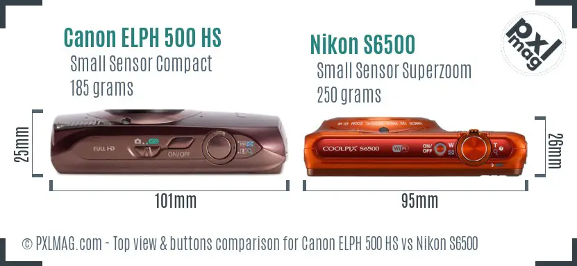 Canon ELPH 500 HS vs Nikon S6500 top view buttons comparison Canon ELPH 500 HS vs Nikon S6500 top view buttons comparison