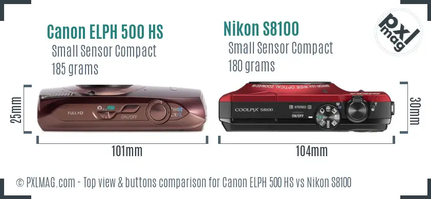 Canon ELPH 500 HS vs Nikon S8100 top view buttons comparison
