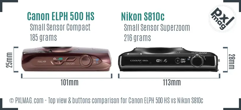 Canon ELPH 500 HS vs Nikon S810c top view buttons comparison