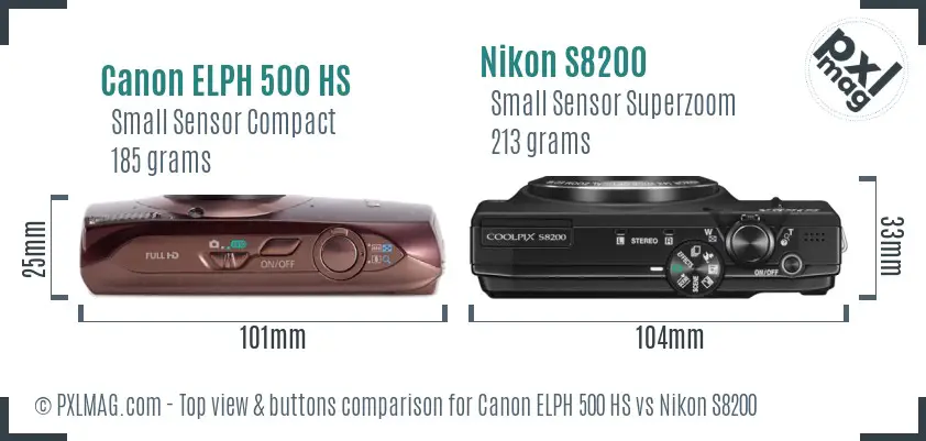 Canon ELPH 500 HS vs Nikon S8200 top view buttons comparison