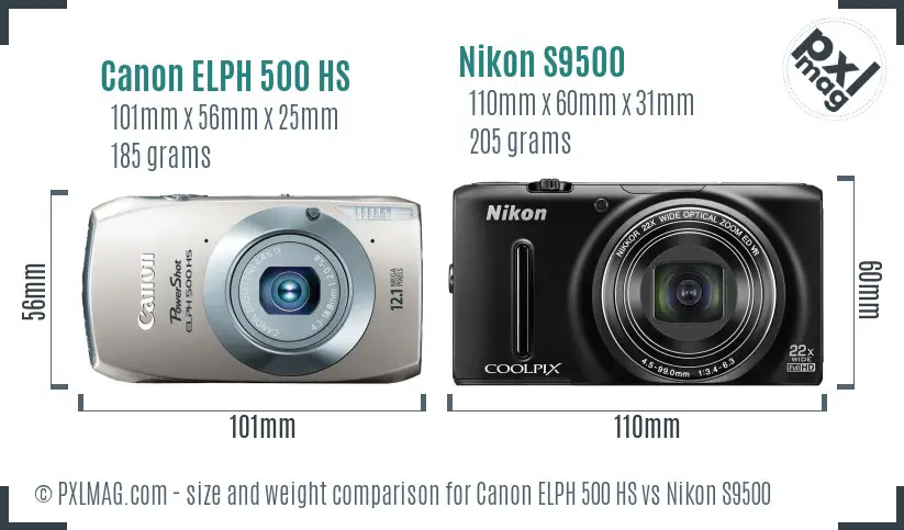 Canon ELPH 500 HS vs Nikon S9500 size comparison Canon ELPH 500 HS vs Nikon S9500 size comparison