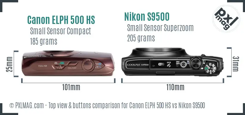 Canon ELPH 500 HS vs Nikon S9500 top view buttons comparison Canon ELPH 500 HS vs Nikon S9500 top view buttons comparison