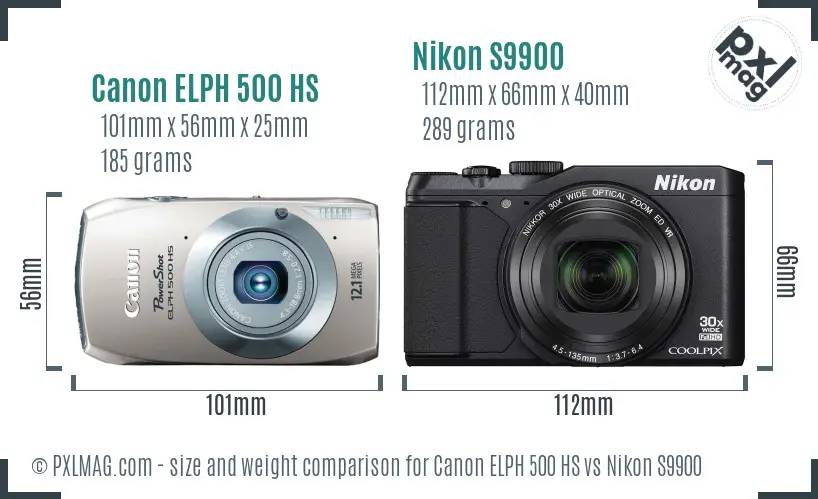 Canon ELPH 500 HS vs Nikon S9900 size comparison Canon ELPH 500 HS vs Nikon S9900 size comparison
