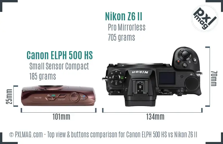 Canon ELPH 500 HS vs Nikon Z6 II top view buttons comparison